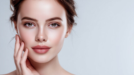 A beautiful young woman with clean, fresh skin and combed hair holds her hand near her face against a light gray background with space for text. Cosmetology, beauty and spa, skin care products