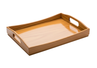 Empty wooden tray with handles ideal for serving food drinks or displaying items isolated on transparent background