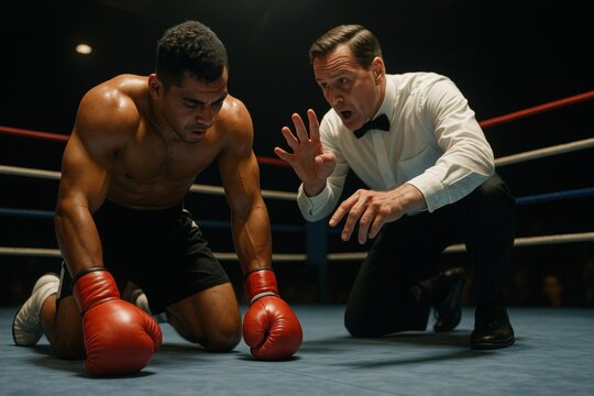 Boxer on knees with referee counting during intense match. Concept of defeat, pressure, and resilience in professional boxing, symbolizing struggle, judgment, and emotional tension. - Powered by Adobe