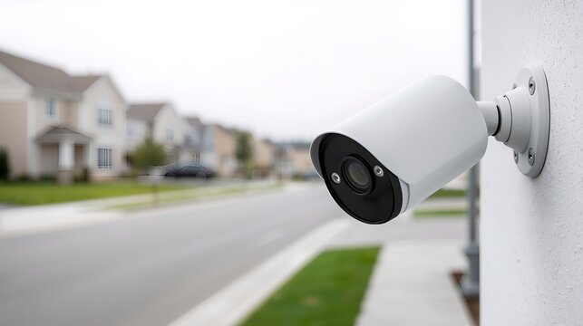 security camera installed on the exterior of a building, monitoring the street and residential area, symbolizing protection and surveillance