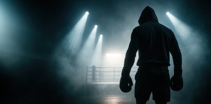 Boxer in hoodie entering dark ring under spotlight haze. Concept of preparation, isolation, and mental focus before competition, reflecting calm determination and emotional tension.