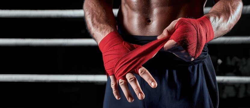 Boxer wrapping red bandages on hands before match. Concept of preparation, discipline, and ritual in sports training, expressing focus, control, and emotional readiness for performance. - Powered by Adobe