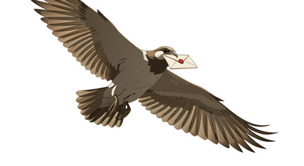 Obraz premium A majestic brown eagle soars through the sky, carrying a small white envelope gently clenched in its beak