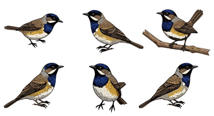 Collection of six detailed watercolor illustrations of the Bluethroat bird in various poses and naturalistic settings, capturing its vibrant plumage and elegant form