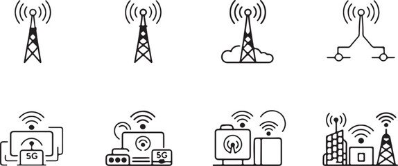 Fototapeta premium Outline Illustrations of 5G Network Towers with Transparent Background