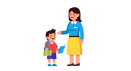 Obraz premium A smiling female teacher giving a book to a young boy with a backpack, symbolizing education and learning