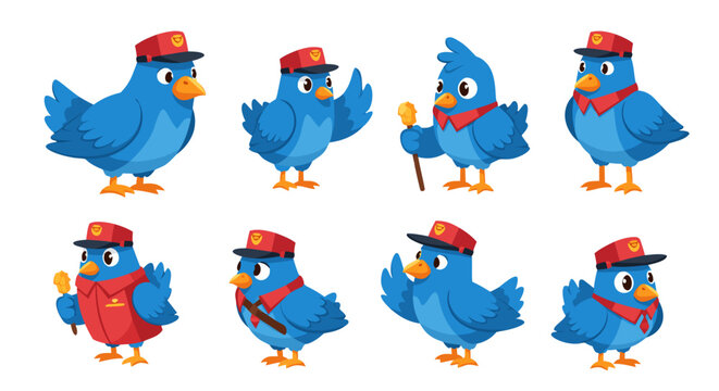 Set of cute blue birds dressed as mail carriers, wearing uniforms and hats, holding mail sticks, expressing various emotions and poses, perfect for communication and delivery themes