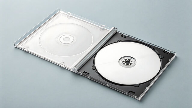 cd and dvd, blank dvd case, Open clear plastic CD jewel case with blank white disc and insert for branding. Mock-up of compact disc packaging on soft gray background. Represents digital storage, music
