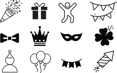 Party celebration Icon set with gift box, crown, mask, balloons, and confetti.