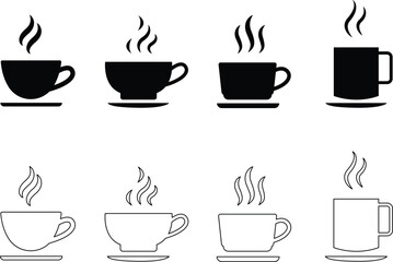 Hot coffee cup icon set steaming mug symbols for morning drink, cafe, and beverage design.