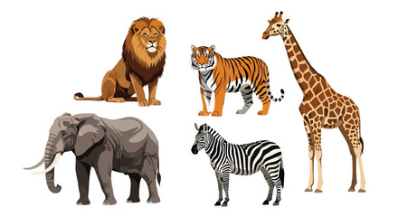 Obraz premium Group of safari animals including lion, tiger, giraffe, elephant and zebra standing on white background