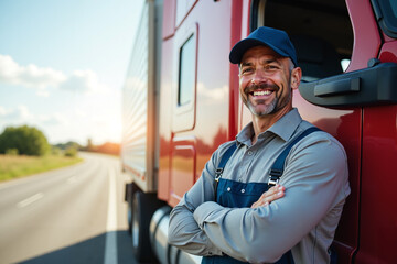 Professional male truck driver standing in front of his big rig