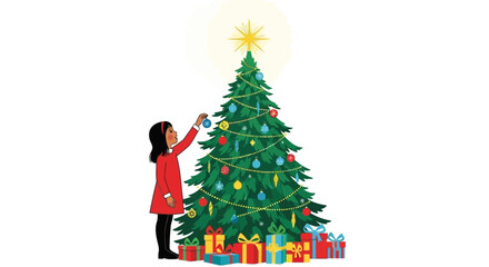 Obraz premium Woman decorating a Christmas tree with colorful presents on a white background