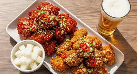 Korean Fried Chicken Platter with Beer and Pickled Radish