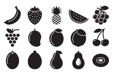  Collection of black silhouette fruit icons on white background