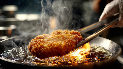 揚げたてトンカツを取り出す調理シーンの瞬間