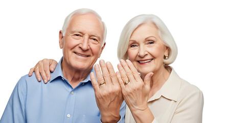 A mature couple radiate joy while proudly showcasing their wedding bands, symbols of enduring love and commitment.