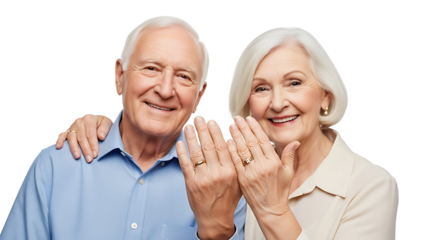 A mature couple radiate joy while proudly showcasing their wedding bands, symbols of enduring love and commitment.