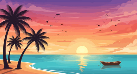 Illustration of a serene beach scene with palm trees, a small boat, and a vibrant sunset