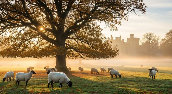 Sheep grazing in a misty field at sunrise under a large oak tree.