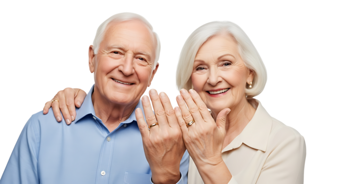 A mature couple radiate joy while proudly showcasing their wedding bands, symbols of enduring love and commitment. - Powered by Adobe