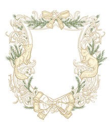 Christmas frame, winter crest, wedding border with cute squirrels and bows, enchanted forest