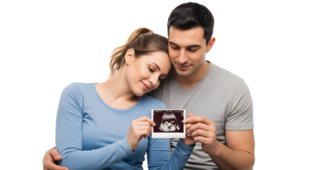 Expecting couple holding an ultrasound picture of their baby, feeling excited and blessed for parenthood together. 