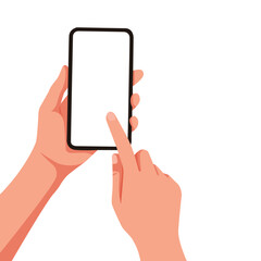 Hands holding smartphone, finger tapping blank white touchscreen for interaction.