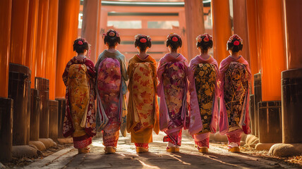Fototapeta premium 神社の鳥居前で整列する五人の舞妓たちの場面