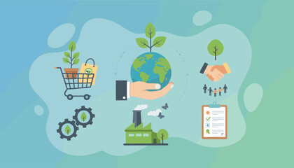 Conceptual illustration of sustainable procurement, showcasing a shopping cart with a plant and eco-friendly bag, gears representing industry, a hand holding the Earth with a seedling, a factory