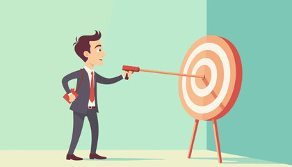 Modern flat vector illustration of a businessman in a suit aiming a dart gun at a bullseye target, symbolizing business success, goal achievement, and strategic planning in a clean, minimalist style