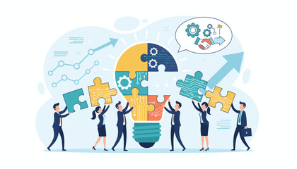 Diverse team of professionals collaborating to build a bright, innovative business idea represented by a lightbulb puzzle, symbolizing teamwork, strategy, and successful partnership with upward