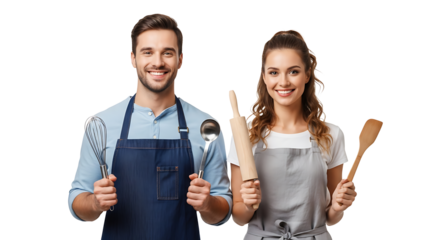 A couple smiles while holding kitchen utensils, ready to start cooking together. The man is wearing a dark apron, and the woman a light.