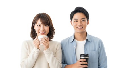 A smiling Asian couple, the woman holding a white mug and the man holding a black tumbler, enjoying each others company.