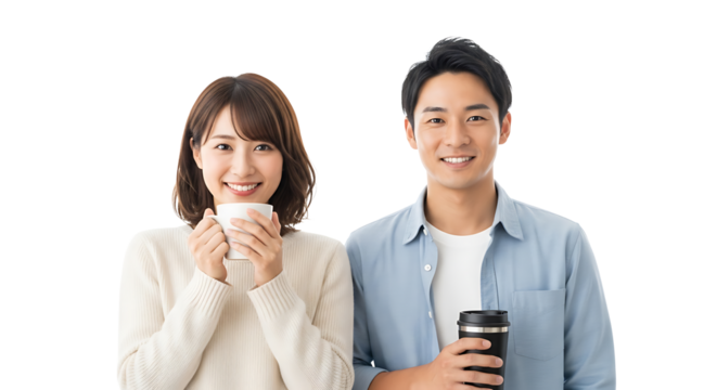 A smiling Asian couple, the woman holding a white mug and the man holding a black tumbler, enjoying each others company. - Powered by Adobe