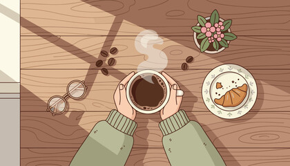 Cozy morning scene with a person holding a steaming cup of coffee, a croissant on a plate, a potted plant, and glasses on a wooden table, bathed in soft sunlight casting shadows, evoking a sense of