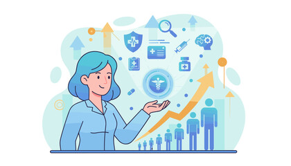 Illustrative graphic of a smiling woman with blue hair presenting a Caduceus symbol surrounded by healthcare icons like a shield, syringe, brain, and pill bottle, with rising arrow charts and