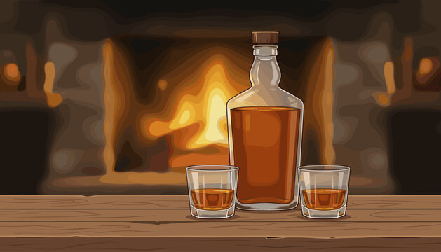 Cozy evening scene featuring a clear glass bottle filled with amber whiskey and two tumblers with the spirit, all resting on a rustic wooden table in front of a warm, glowing fireplace, evoking