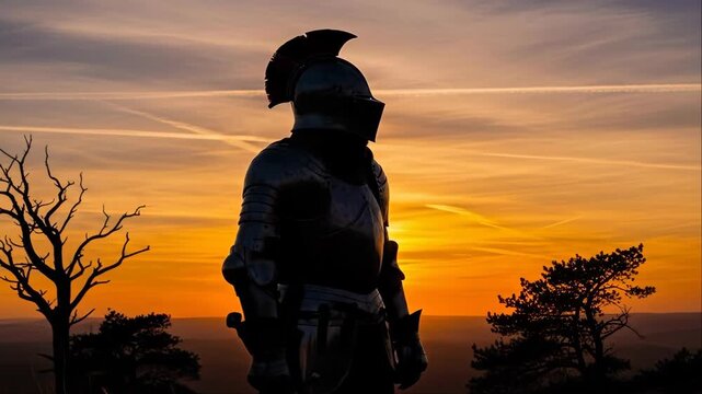 Knight standing on hill at sunset in silhouette poses. Medieval warrior with sword in armor. Heroic fantasy animation sequence