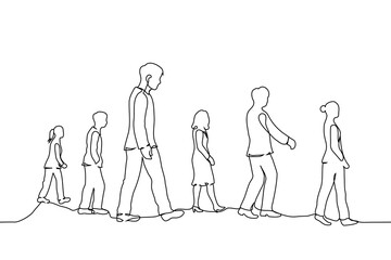 group of men and women walking in the same direction at varying distances from each other - one line art vector. New generation, generational shift in the workforce, pedestrians
