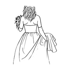 Bride holding the train of her evening dress, hand drawn realistic doodle from the back