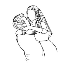 Groom holding bride, man lifting woman - faceless portrait. Hand drawn realistic doodle