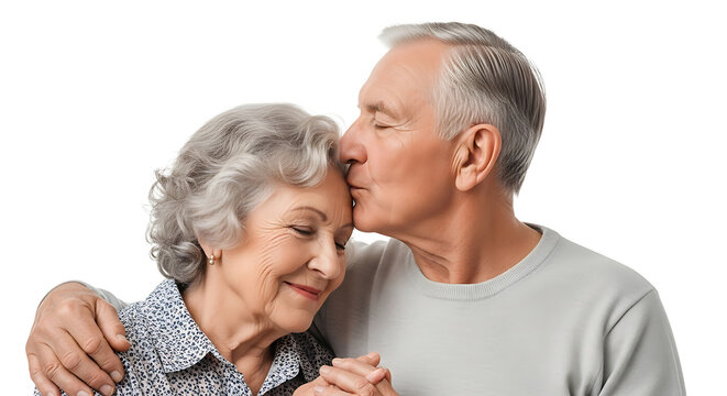 Sweet moment of elderly love: A man is kissing his woman's forehead, showing affection and long-lasting relationship.