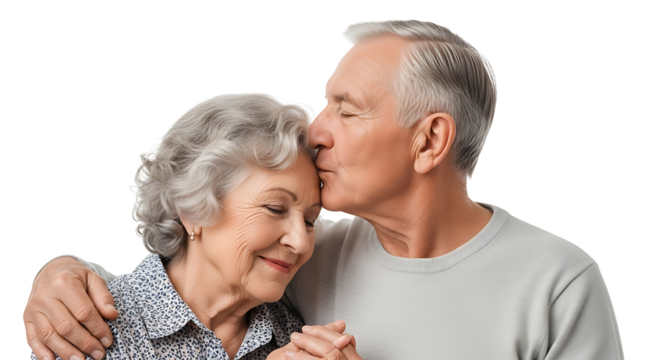 Sweet moment of elderly love: A man is kissing his woman's forehead, showing affection and long-lasting relationship.