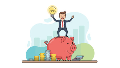Dynamic illustration of a smiling businessman in a suit standing atop a large pink piggy bank, holding a glowing lightbulb, symbolizing innovation and financial success, with stacks of coins and a