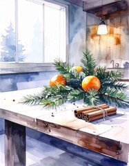 Asian Children Decorating Window with Paper Snowflakes – Warm Winter Holiday Scene in Watercolor Style