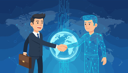Diverse business partners, one human and one AI, shake hands in a global digital partnership, symbolizing technological collaboration and future innovation against a backdrop of a world map and
