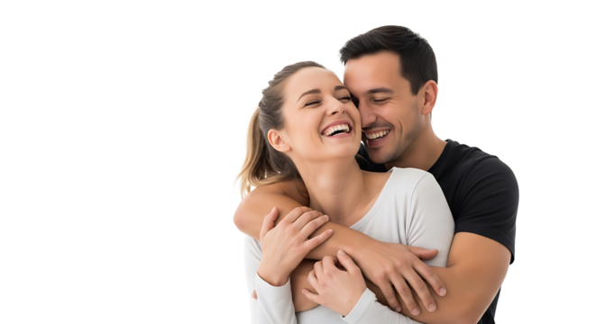 A joyful moment shared by a couple, wrapped in each other's arms and filled with laughter and happiness together.