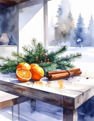 Asian Children Decorating Window with Paper Snowflakes – Warm Winter Holiday Scene in Watercolor Style