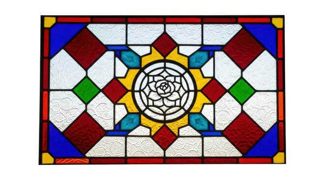 A rectangular stained glass panel featuring a central circular motif surrounded by geometric patterns and colorful diamond shapes. - Powered by Adobe
